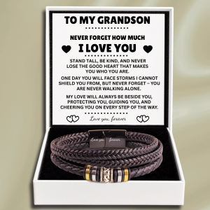 To My Grandson - 'Love you, forever' Engraved Leather Bracelet